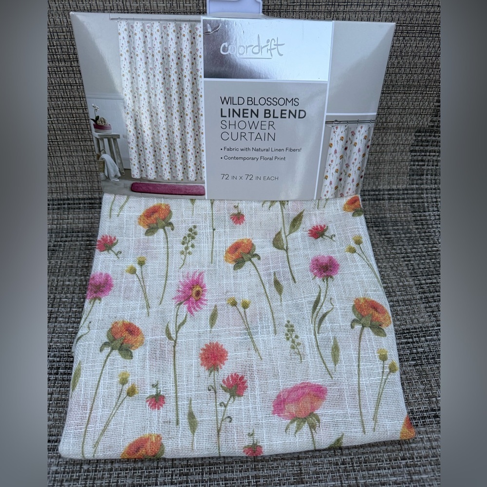 Colordrift Wild Blossoms Linen Blend Floral Fabric Shower Curtain 72"x72" - Picture 4 of 8